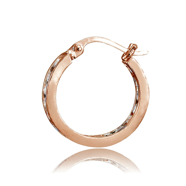 Rose Gold Tone over Sterling Silver Cubic Zirconia Inside Out Channel-Set 15mm Round Hoop Earrings