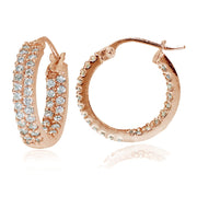 Rose Gold Flash Sterling Silver Cubic Zirconia 3x16mm Two Row Inside-Out Hoop Earrings