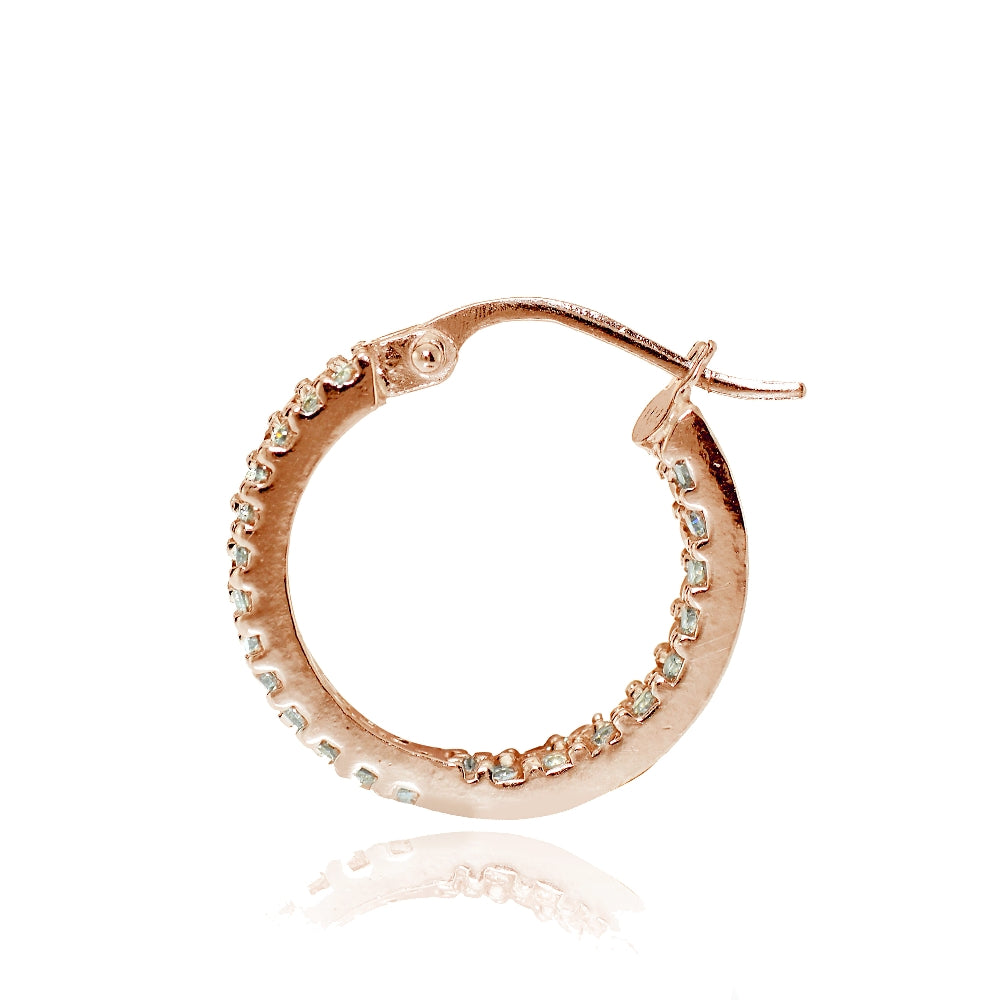 Rose Gold Flash Sterling Silver Cubic Zirconia 3x16mm Two Row Inside-Out Hoop Earrings-2