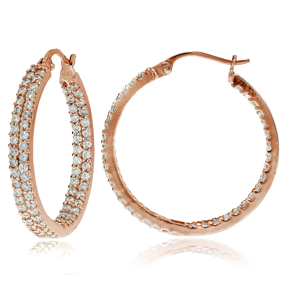 Rose Gold Flash Sterling Silver Cubic Zirconia 3x25mm Two Row Inside-Out Hoop Earrings