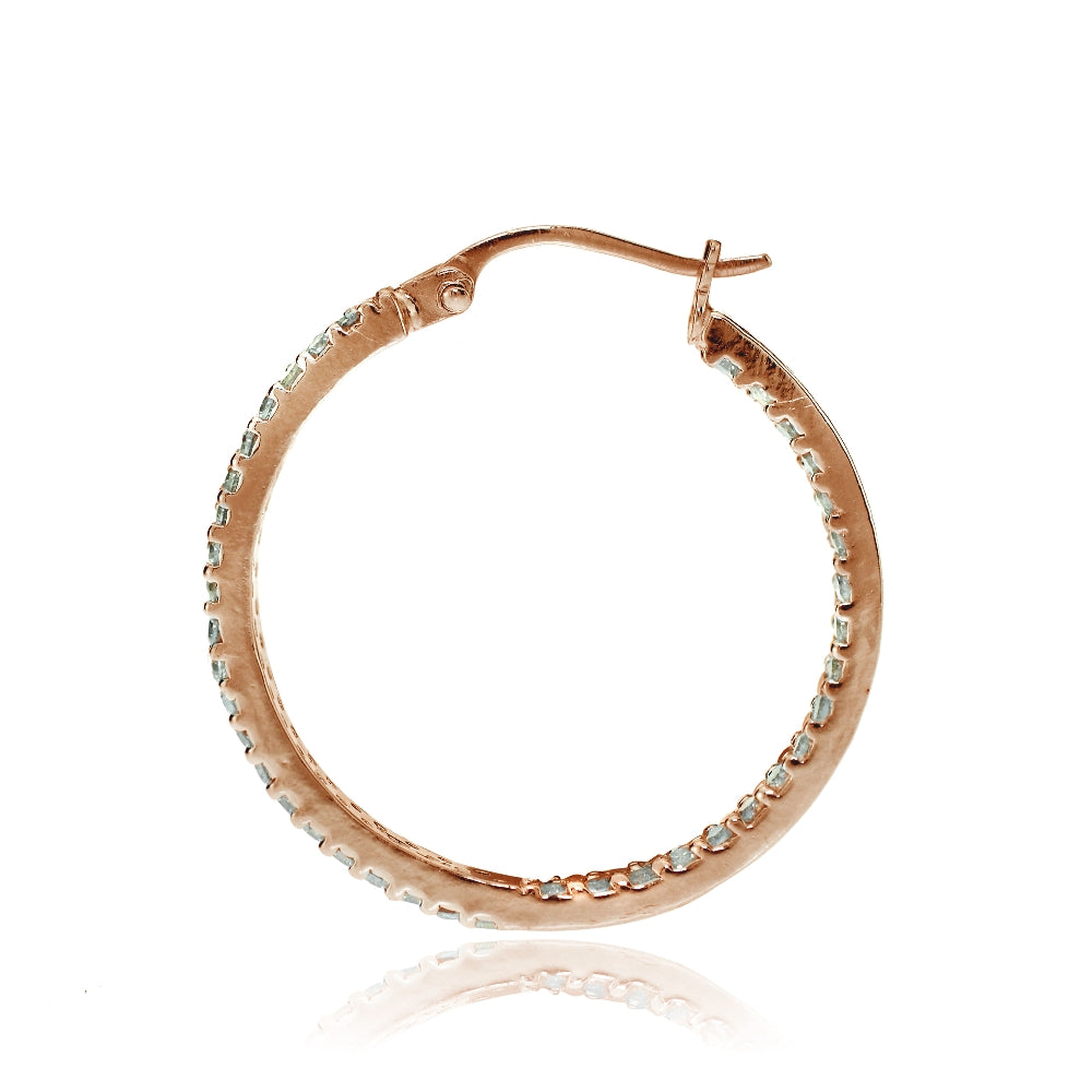 Rose Gold Flash Sterling Silver Cubic Zirconia 3x25mm Two Row Inside-Out Hoop Earrings-2