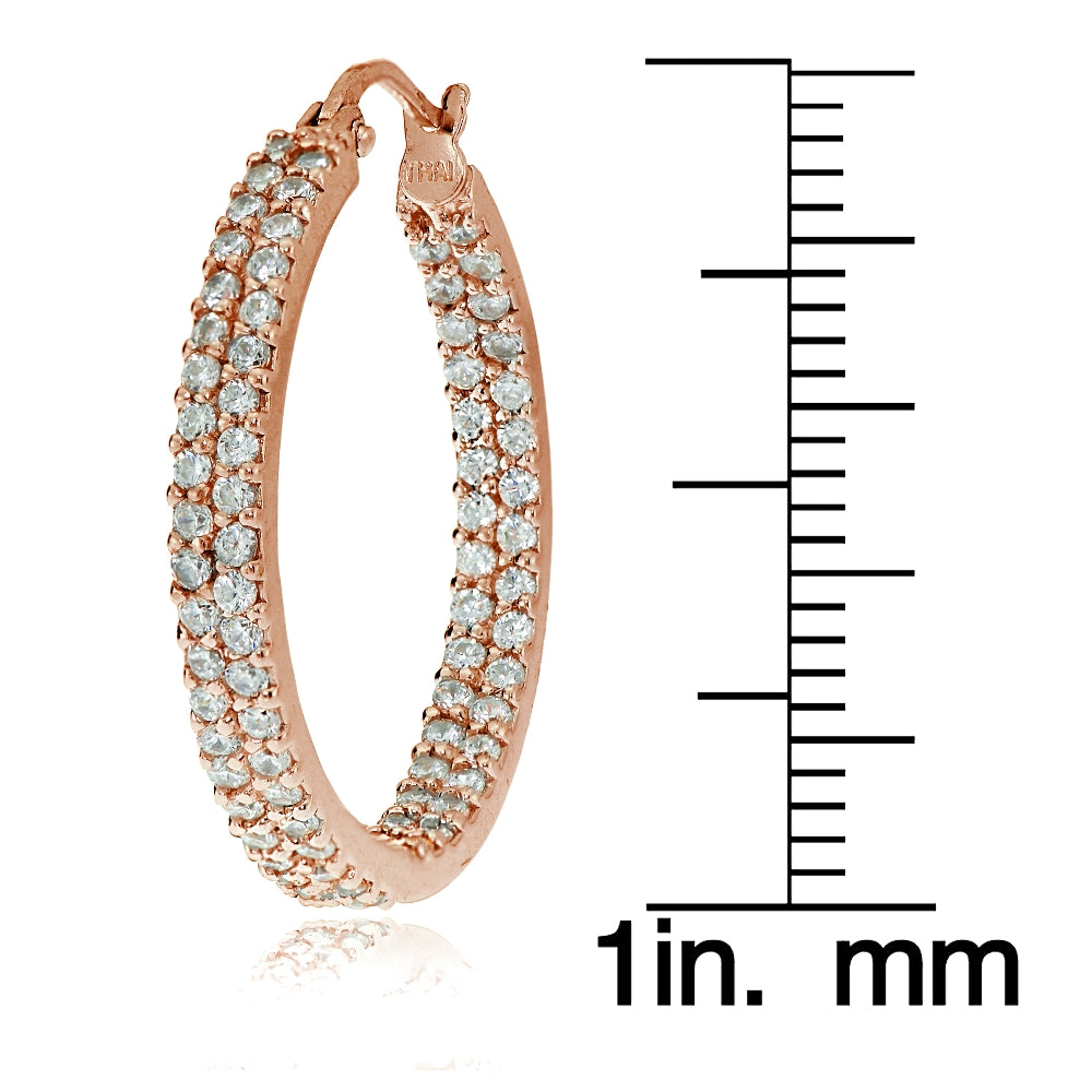 Rose Gold Flash Sterling Silver Cubic Zirconia 3x25mm Two Row Inside-Out Hoop Earrings-3