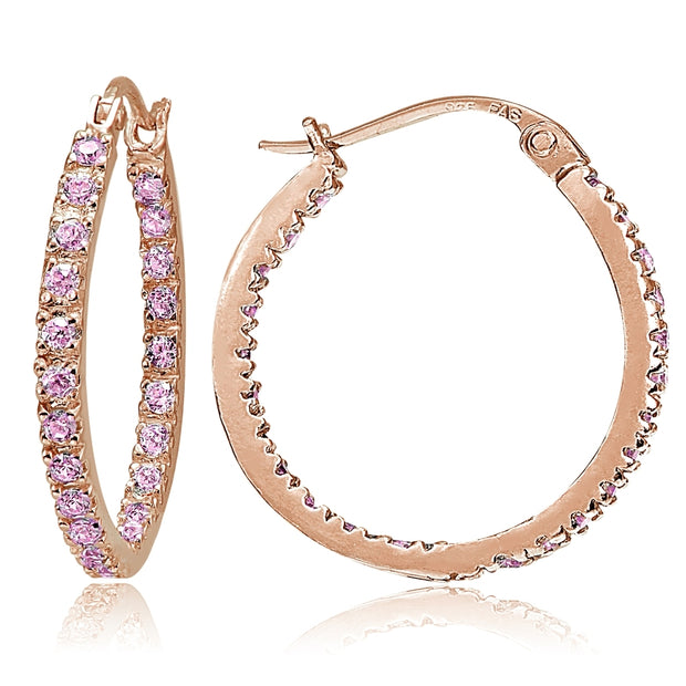 Rose Gold Flash Sterling Silver Pink Cubic Zirconia Inside Out 20mm Round Hoop Earrings