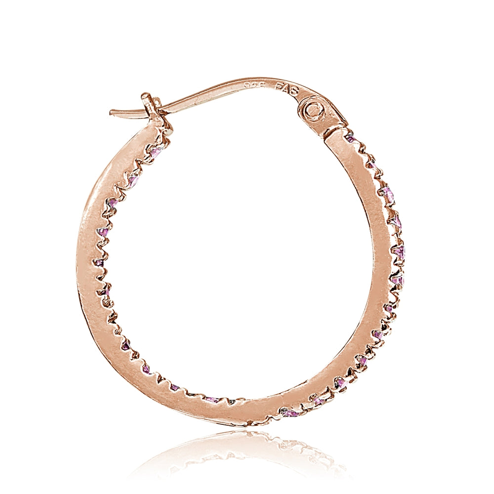 Rose Gold Flash Sterling Silver Pink Cubic Zirconia Inside Out 20mm Round Hoop Earrings-2