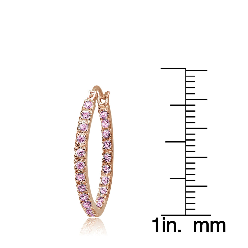 Rose Gold Flash Sterling Silver Pink Cubic Zirconia Inside Out 20mm Round Hoop Earrings-3