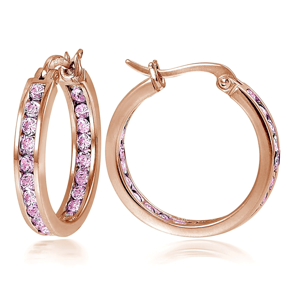 Rose Gold Flash Sterling Silver Pink Cubic Zirconia Inside Out Channel-Set 20mm Round Hoop Earrings