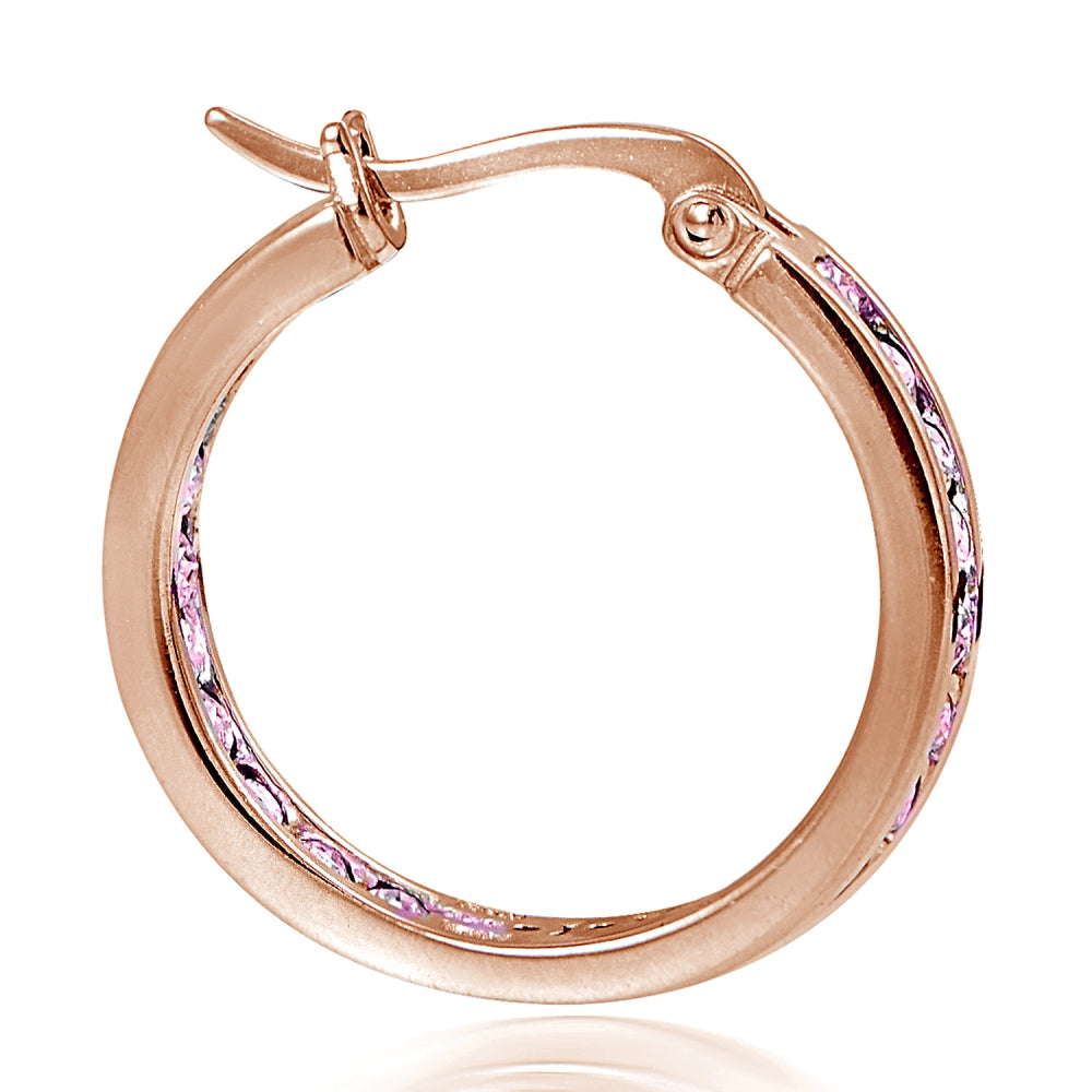 Rose Gold Flash Sterling Silver Pink Cubic Zirconia Inside Out Channel-Set 20mm Round Hoop Earrings-2