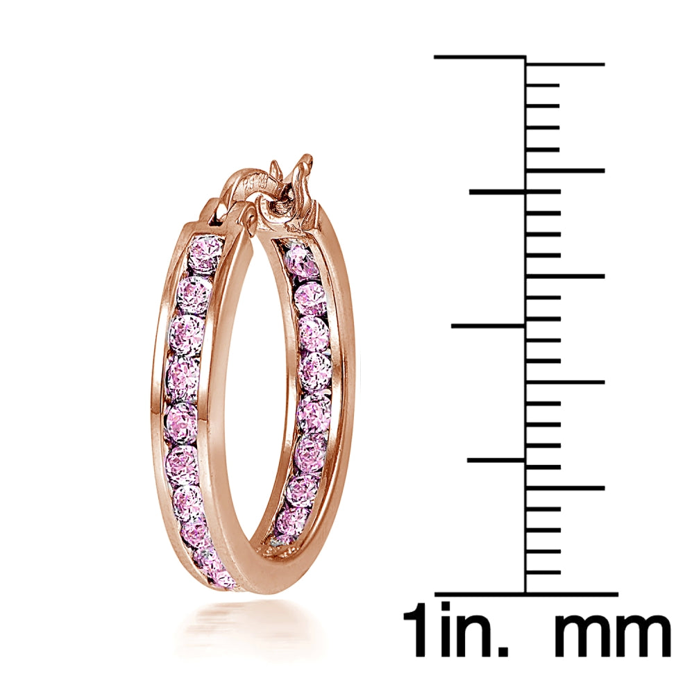 Rose Gold Flash Sterling Silver Pink Cubic Zirconia Inside Out Channel-Set 20mm Round Hoop Earrings-3
