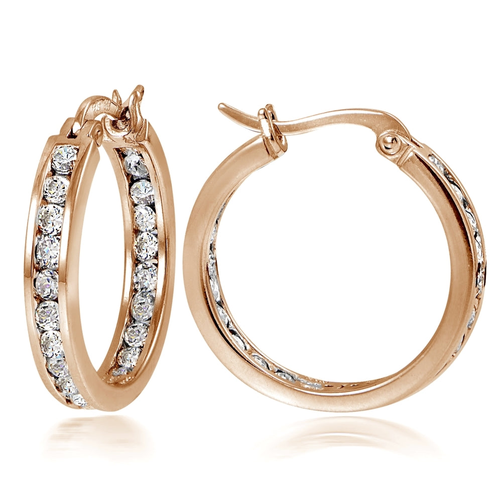 Rose Gold Tone over Sterling Silver Cubic Zirconia Inside Out Channel-Set 20mm Round Hoop Earrings