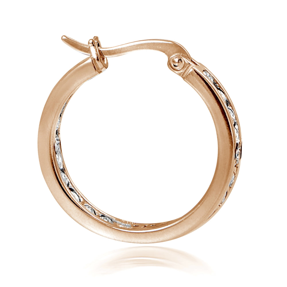 Rose Gold Tone over Sterling Silver Cubic Zirconia Inside Out Channel-Set 20mm Round Hoop Earrings-2