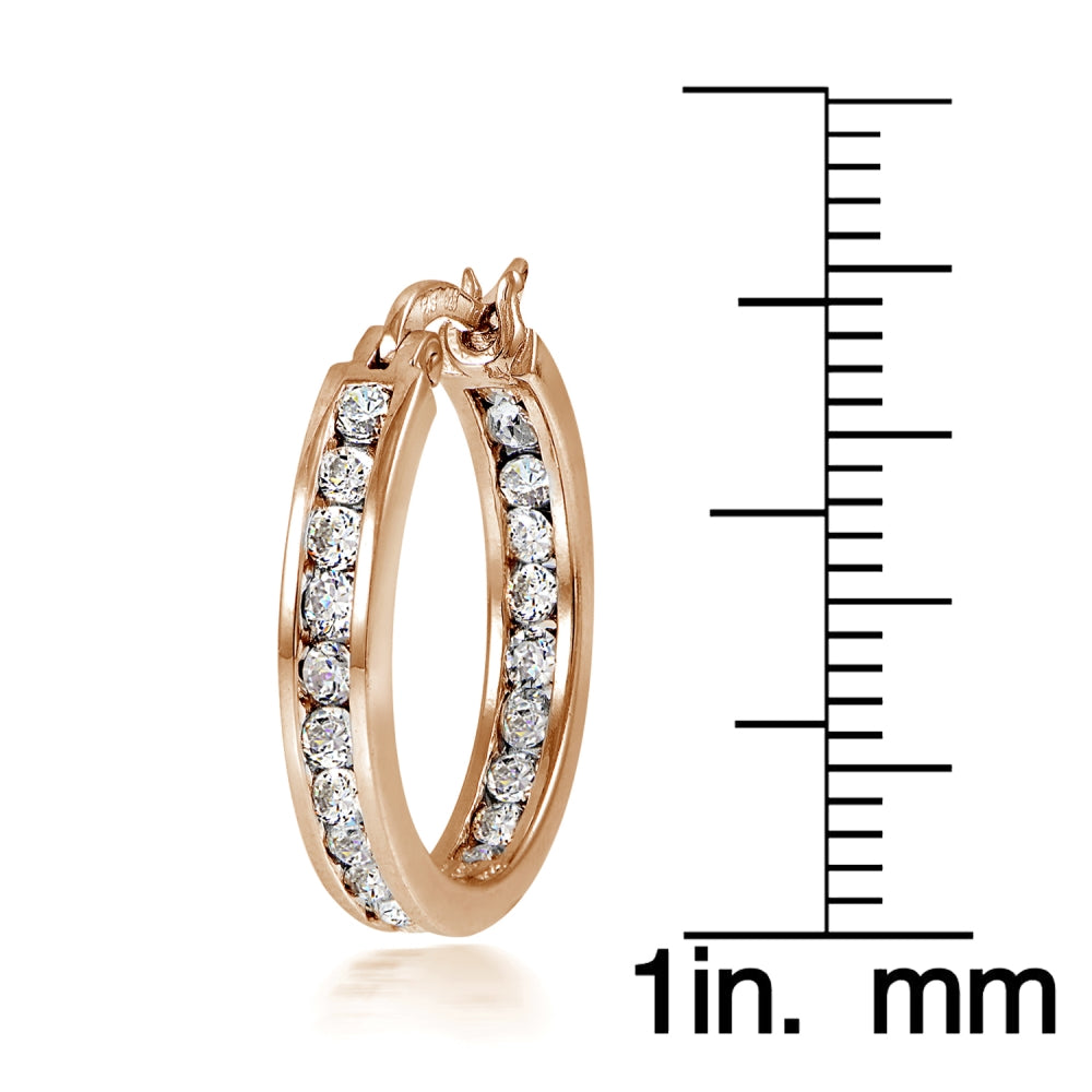 Rose Gold Tone over Sterling Silver Cubic Zirconia Inside Out Channel-Set 20mm Round Hoop Earrings-3