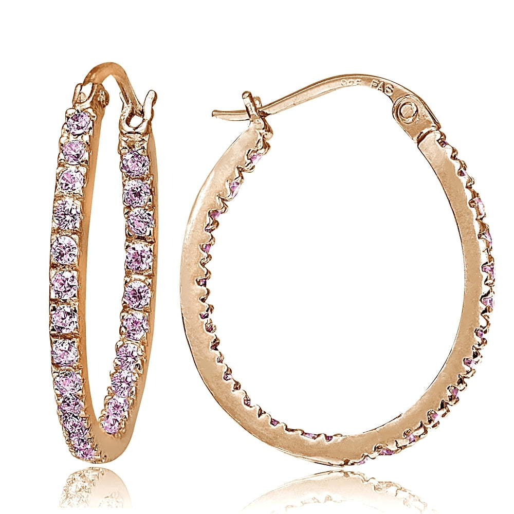 Rose Gold Flash Sterling Silver Pink Cubic Zirconia Inside Out 20mm Oval Hoop Earrings