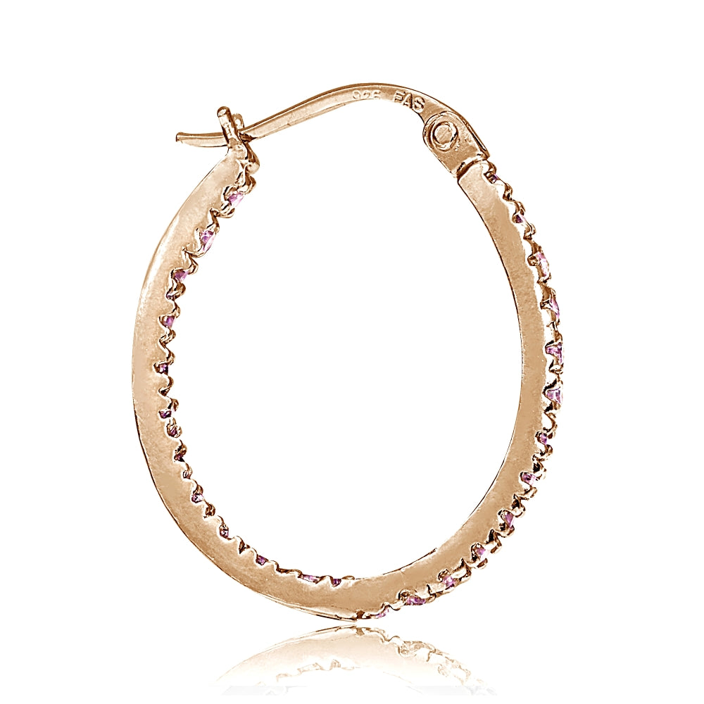 Rose Gold Flash Sterling Silver Pink Cubic Zirconia Inside Out 20mm Oval Hoop Earrings-2