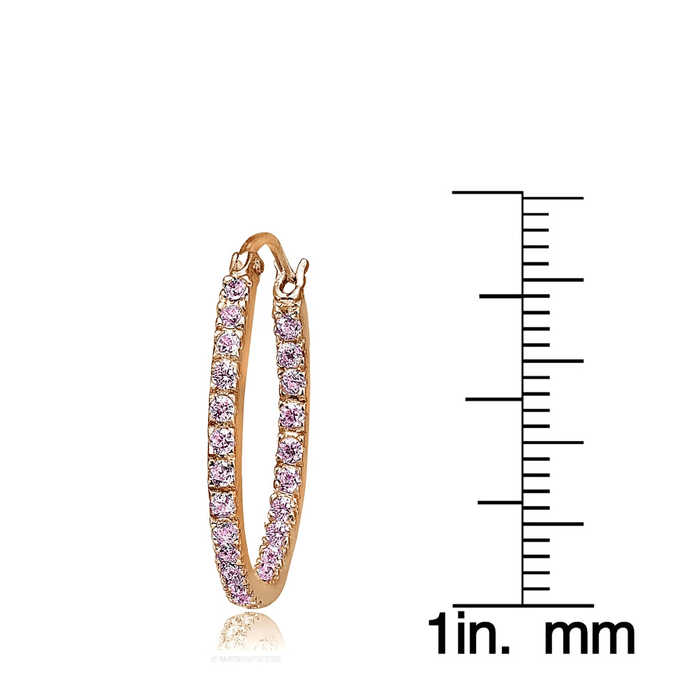 Rose Gold Flash Sterling Silver Pink Cubic Zirconia Inside Out 20mm Oval Hoop Earrings-3