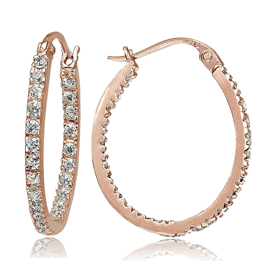 Rose Gold Tone over Sterling Silver Cubic Zirconia Inside Out 20mm Oval Hoop Earrings