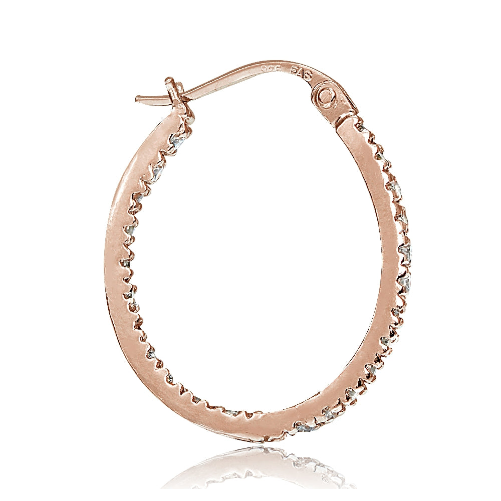 Rose Gold Tone over Sterling Silver Cubic Zirconia Inside Out 20mm Oval Hoop Earrings-2