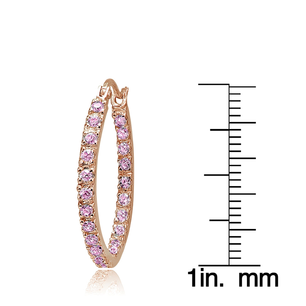 Rose Gold Flash Sterling Silver Pink Cubic Zirconia Inside Out 25mm Round Hoop Earrings-3
