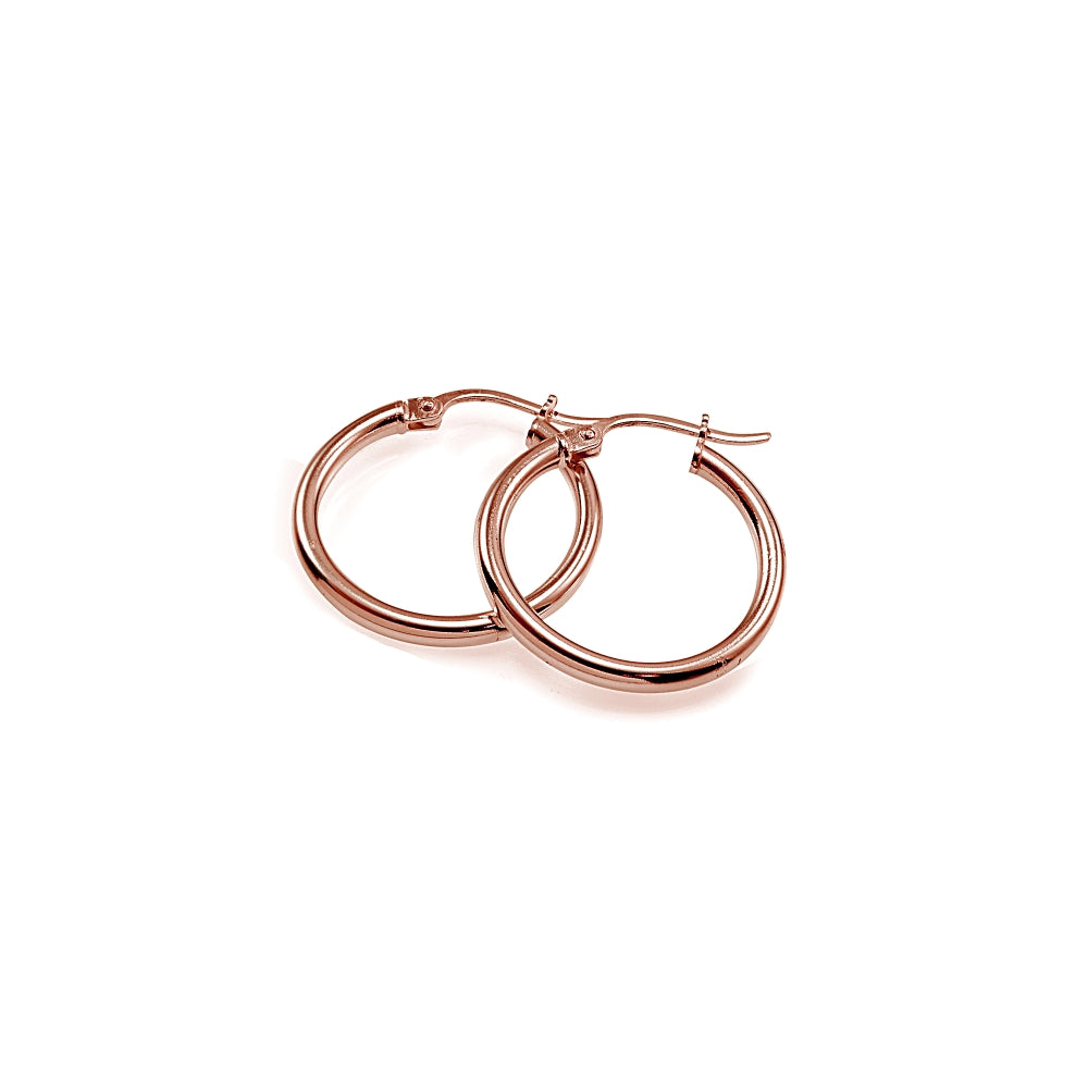 Rose Gold Tone over Sterling Silver 2mm High Polished Round Hoop Earrings, 15mm-2