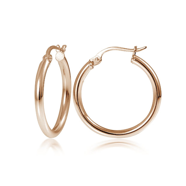 Rose Gold Tone over Sterling Silver 2mm High Polished Round Hoop Earrings, 20mm