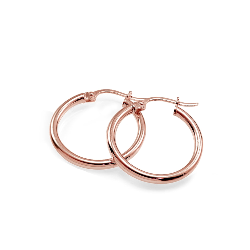 Rose Gold Tone over Sterling Silver 2mm High Polished Round Hoop Earrings, 20mm-2
