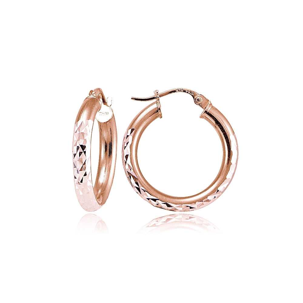 Rose Gold over Sterling Silver 3mm Diamond Cut Round Hoop Earrings, 20mm
