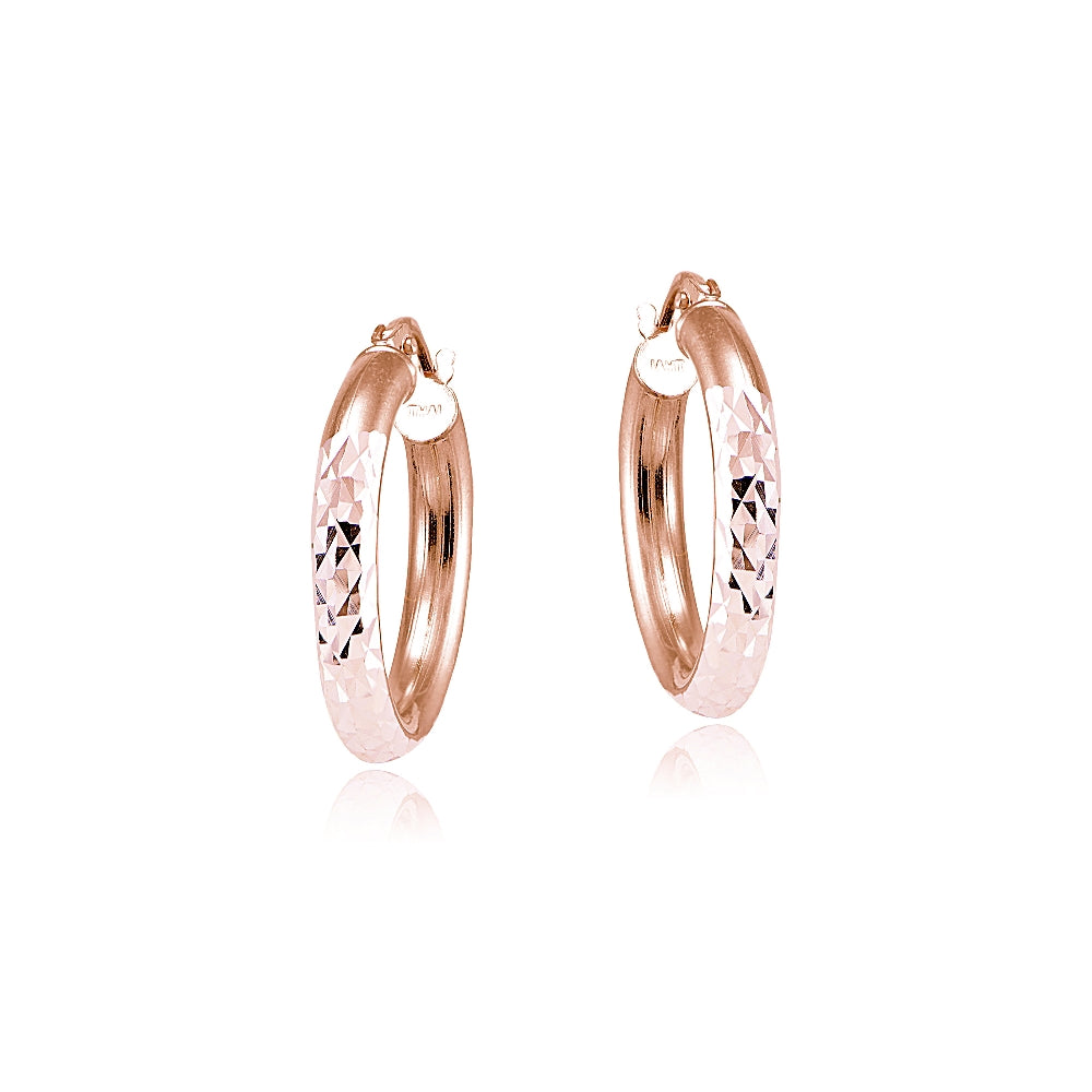 Rose Gold over Sterling Silver 3mm Diamond Cut Round Hoop Earrings, 20mm-2