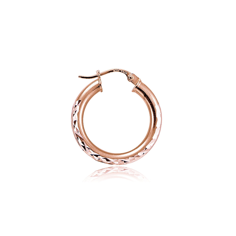 Rose Gold over Sterling Silver 3mm Diamond Cut Round Hoop Earrings, 20mm-3