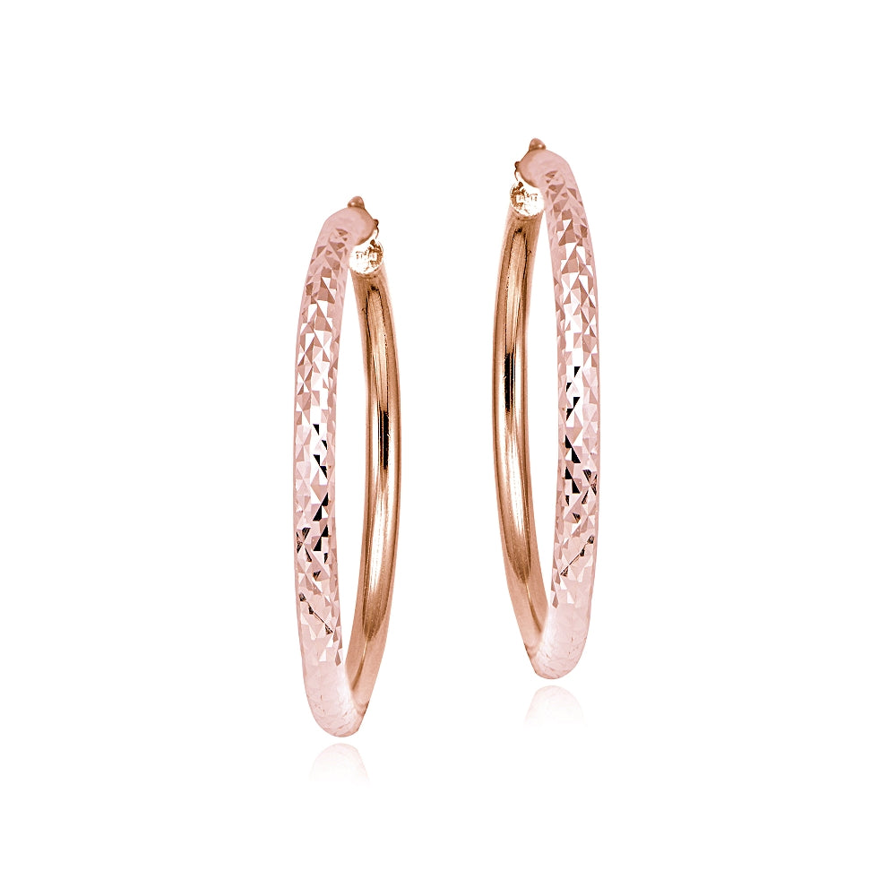 Rose Gold over Sterling Silver 3mm Diamond Cut Round Hoop Earrings, 35mm-2