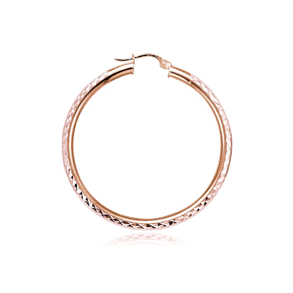 Rose Gold over Sterling Silver 3mm Diamond Cut Round Hoop Earrings, 35mm-3