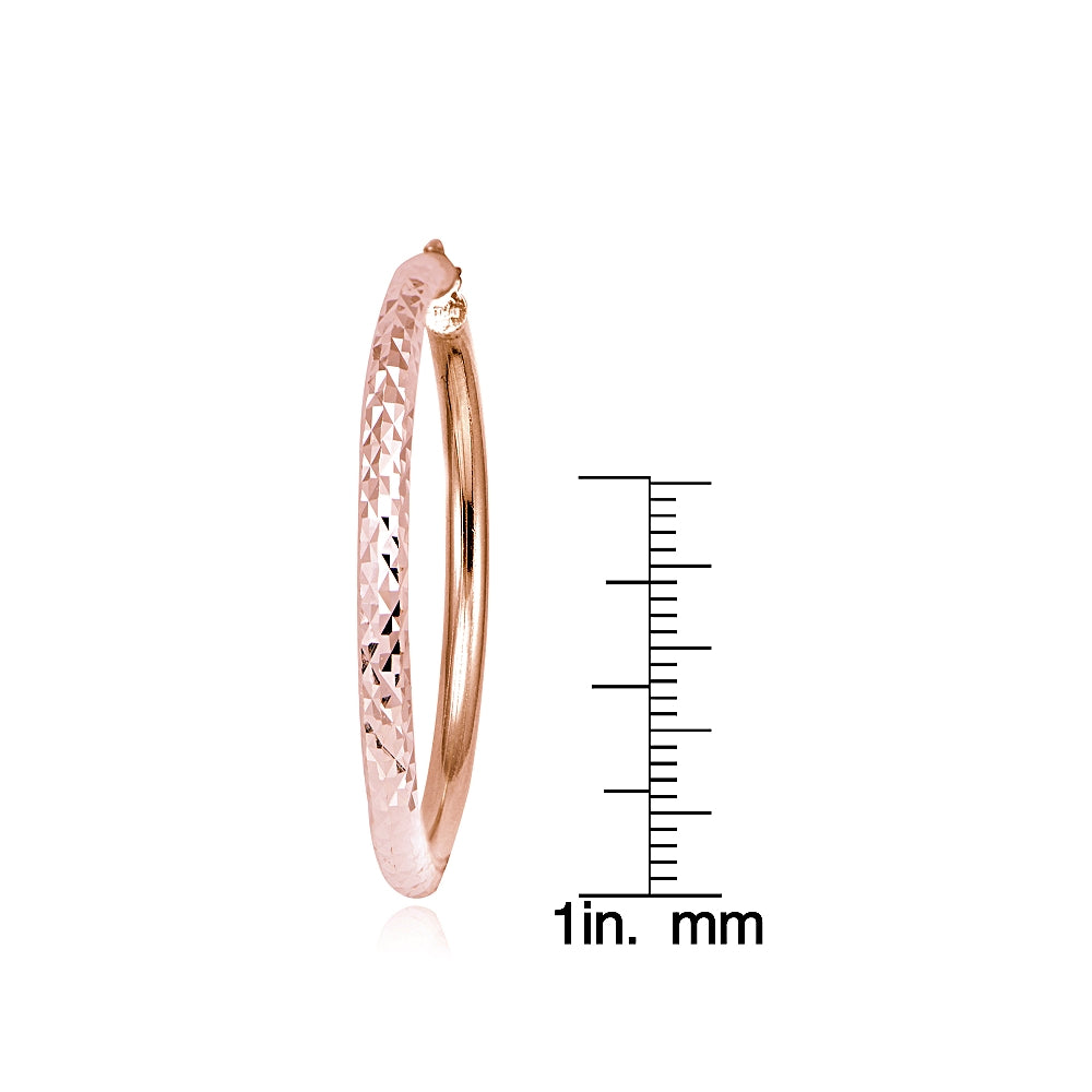 Rose Gold over Sterling Silver 3mm Diamond Cut Round Hoop Earrings, 35mm-4
