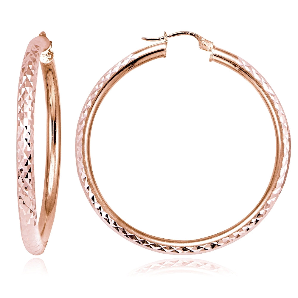 Rose Gold over Sterling Silver 3mm Diamond Cut Round Hoop Earrings, 50mm