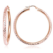 Rose Gold over Sterling Silver 3mm Diamond Cut Round Hoop Earrings, 50mm