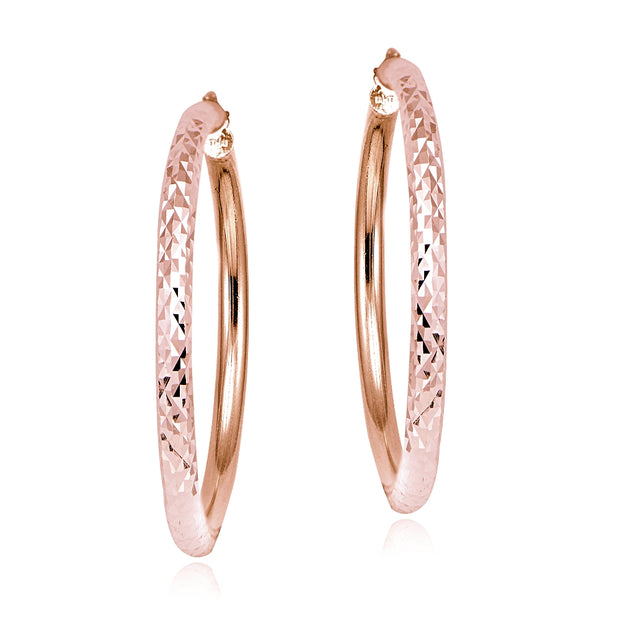 Rose Gold over Sterling Silver 3mm Diamond Cut Round Hoop Earrings, 50mm