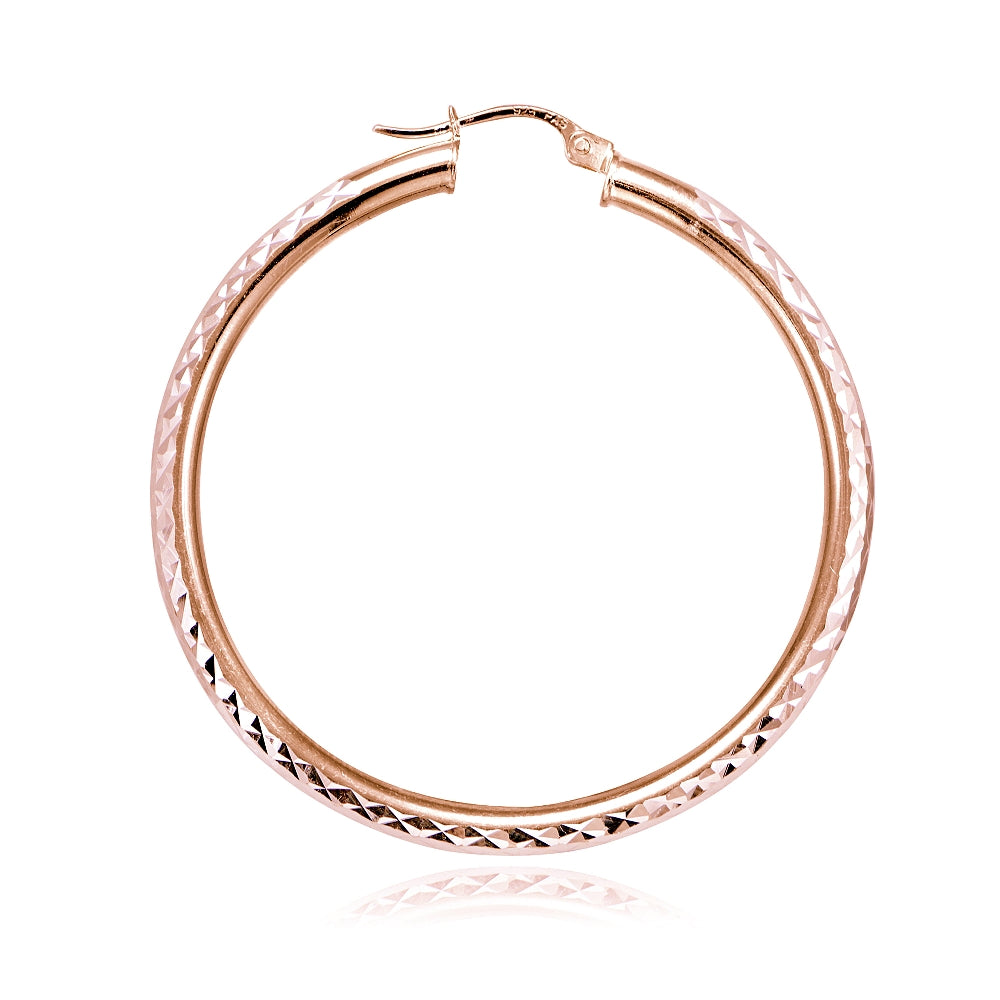 Rose Gold over Sterling Silver 3mm Diamond Cut Round Hoop Earrings, 50mm-3