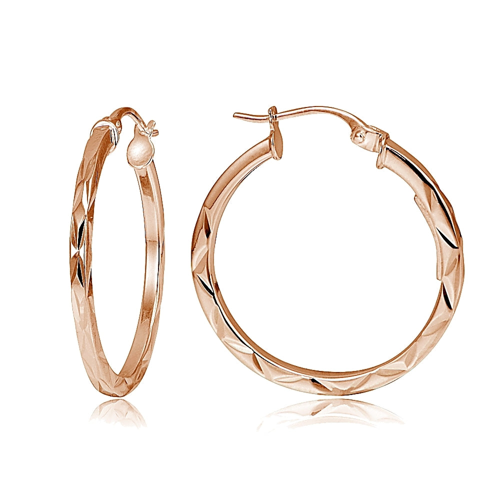 Rose Gold Tone Over Sterling Silver Square-tube Diamond-Cut Round Hoop Earrings, 15mm