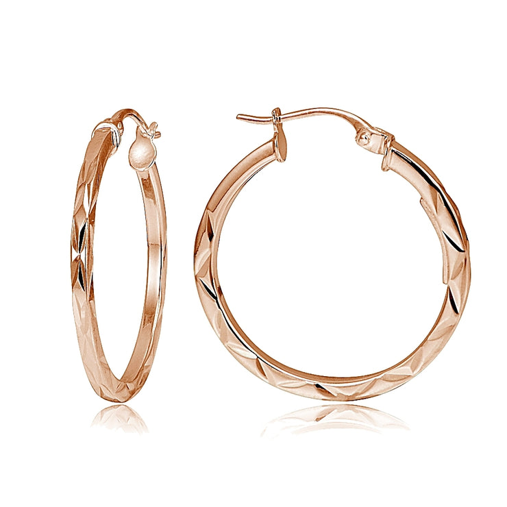Rose Gold Tone Over Sterling Silver Square-tube Diamond-Cut Round Hoop Earrings, 15mm