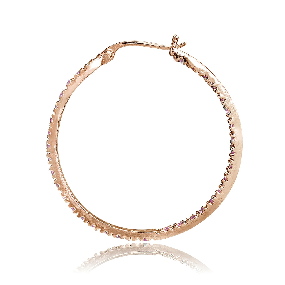 Rose Gold Flash Sterling Silver Cubic Zirconia Inside Out 30mm Round Hoop Earrings-2