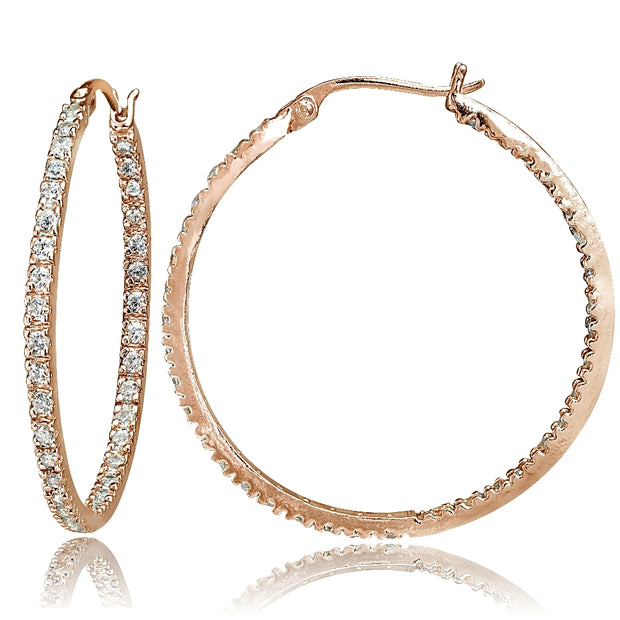 Rose Gold Tone over Sterling Silver Cubic Zirconia Inside Out 30mm Round Hoop Earrings
