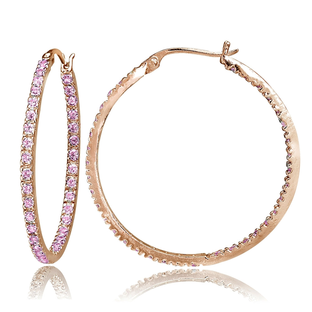 Rose Gold Flash Sterling Silver Pink Cubic Zirconia Inside Out 35mm Round Hoop Earrings