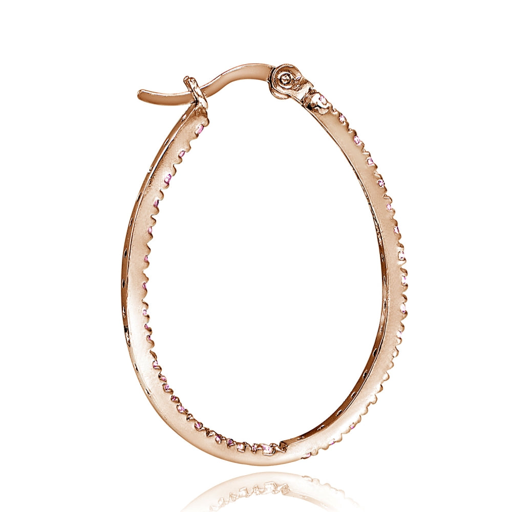 Rose Gold Flash Sterling Silver Pink Cubic Zirconia Inside Out 30mm Oval Hoop Earrings-2