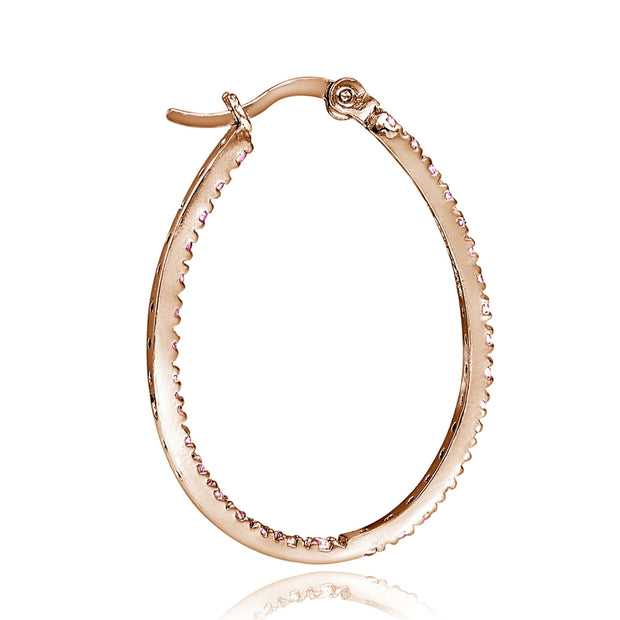 Rose Gold Flash Sterling Silver Pink Cubic Zirconia Inside Out 30mm Oval Hoop Earrings