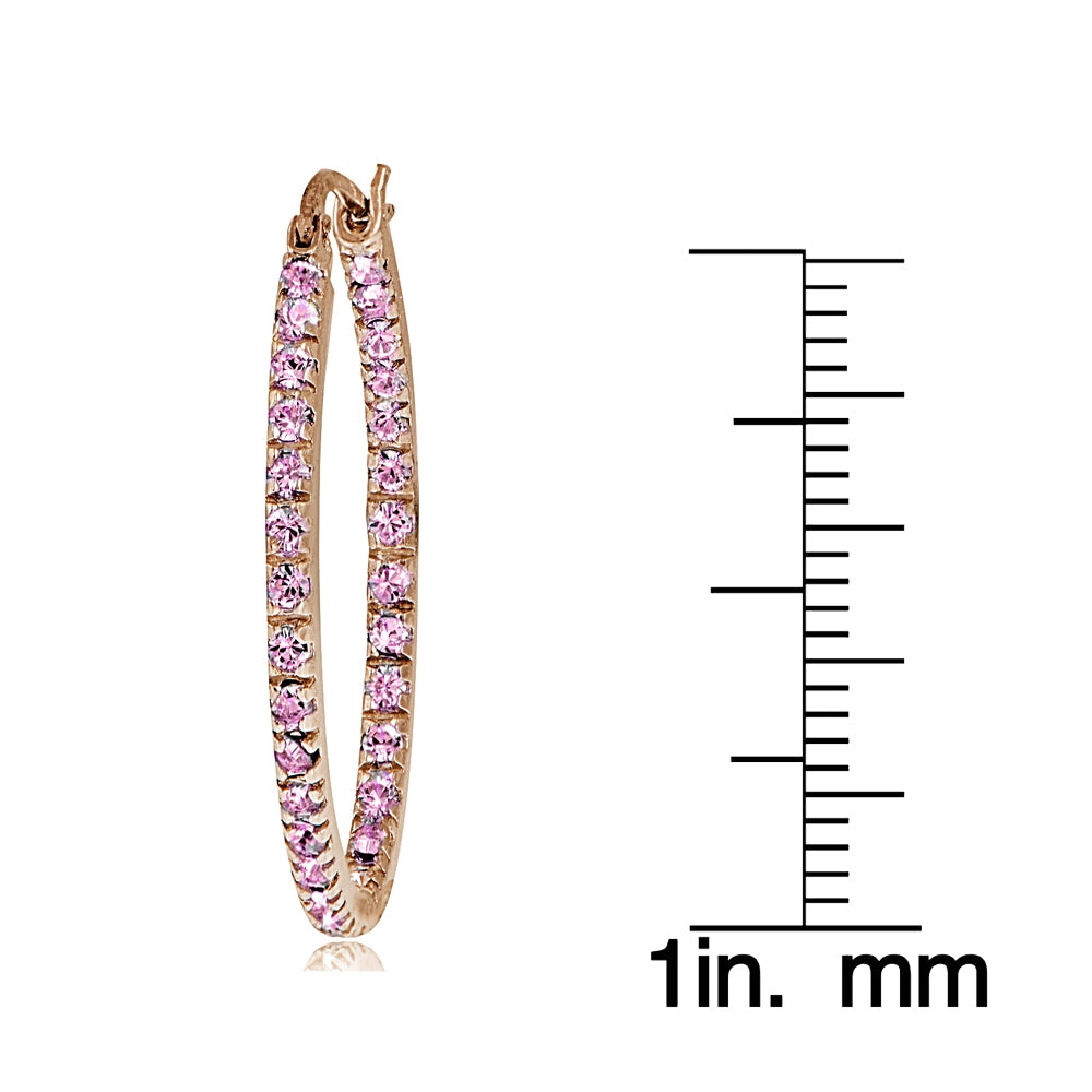 Rose Gold Flash Sterling Silver Pink Cubic Zirconia Inside Out 30mm Oval Hoop Earrings-3