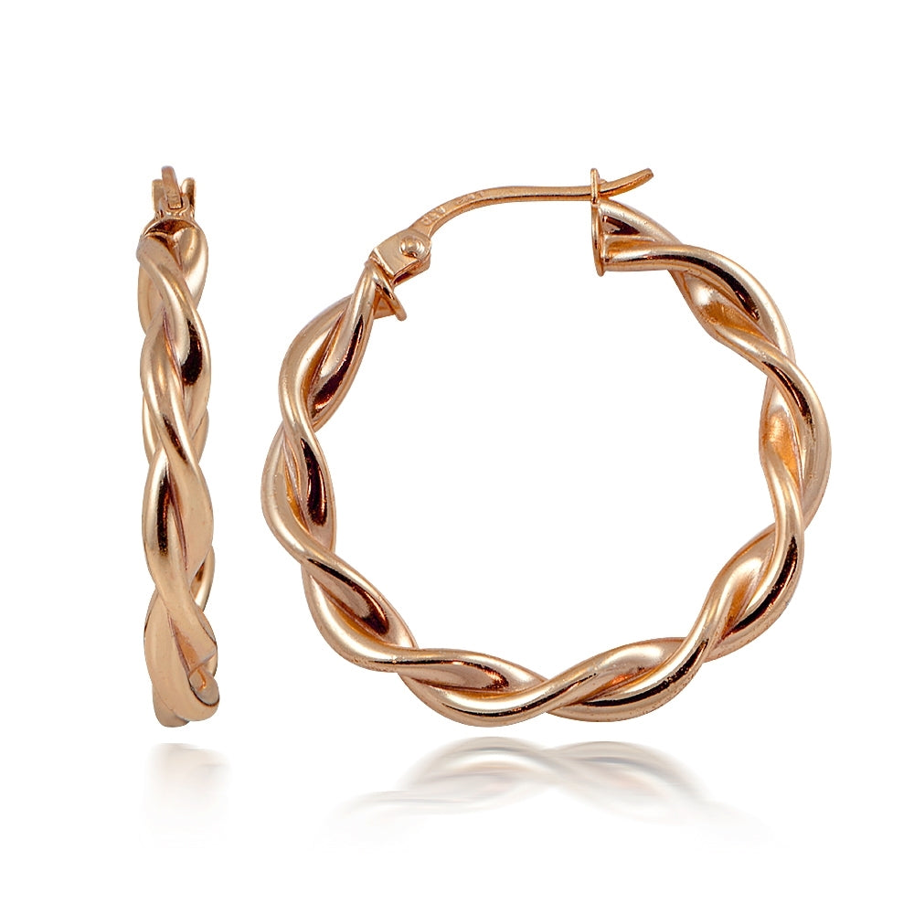 Rose Gold Flash Sterling Silver 3mm Twist  Polished Hoop Earrings, 25mm
