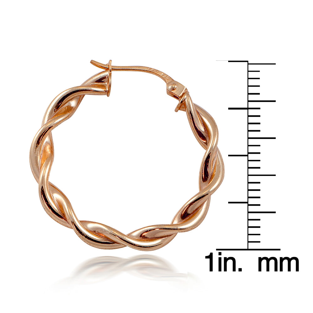 Rose Gold Flash Sterling Silver 3mm Twist  Polished Hoop Earrings, 25mm-2