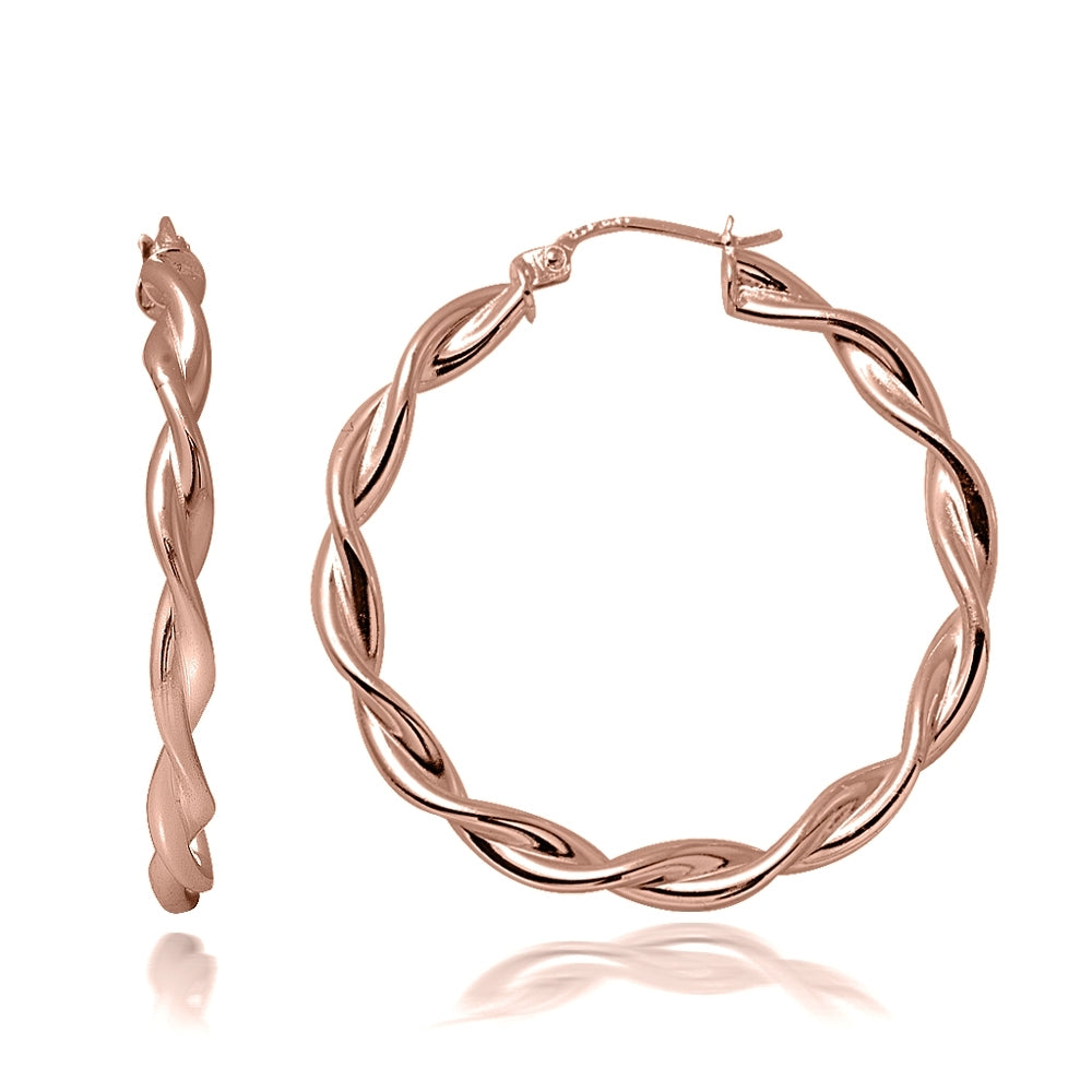 Rose Gold Flash Sterling Silver 3mm Twist  Polished Hoop Earrings, 35mm
