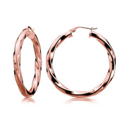 Rose Gold Tone over Sterling Silver 3.5mm Twist Design Round Hoop Earrings, 30mm