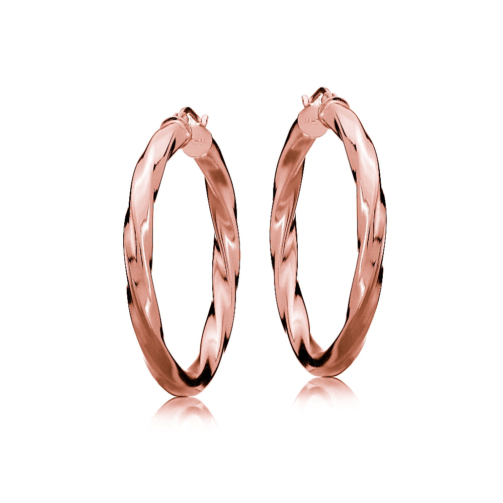 Rose Gold Tone over Sterling Silver 3.5mm Twist Design Round Hoop Earrings, 30mm-2