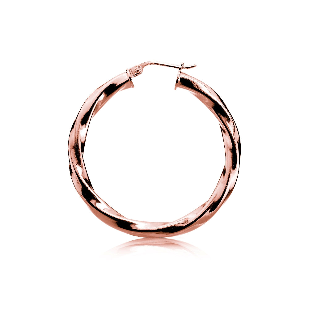 Rose Gold Tone over Sterling Silver 3.5mm Twist Design Round Hoop Earrings, 30mm-3