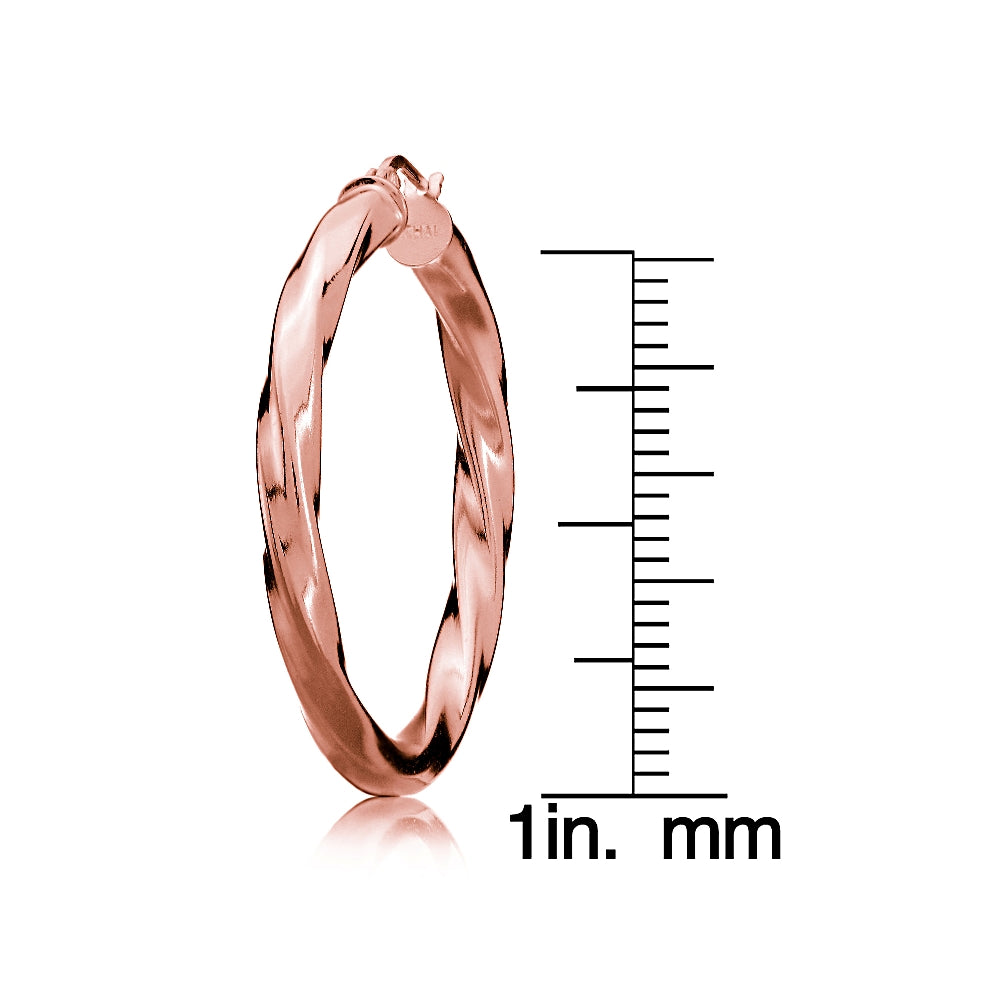 Rose Gold Tone over Sterling Silver 3.5mm Twist Design Round Hoop Earrings, 30mm-4