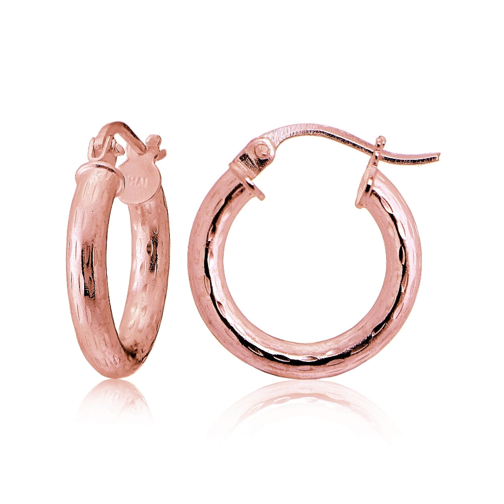 Rose Gold Tone over Sterling Silver 2.5mm Diamond Cut Polished Round Hoop Earrings, 15mm